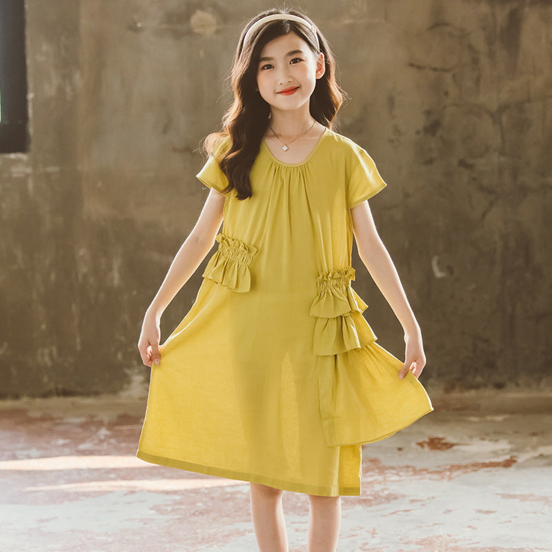 Girls Yellow Layered Cotton A-Line Dress