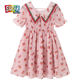 Girls Pink Conversational Print Peter Pan Collar Puff Sleeve Cotton A-Line Dress