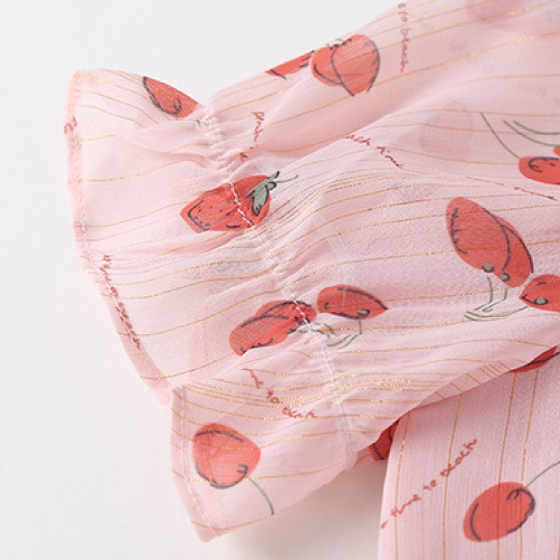 Girls Pink Conversational Print Peter Pan Collar Puff Sleeve Cotton A-Line Dress
