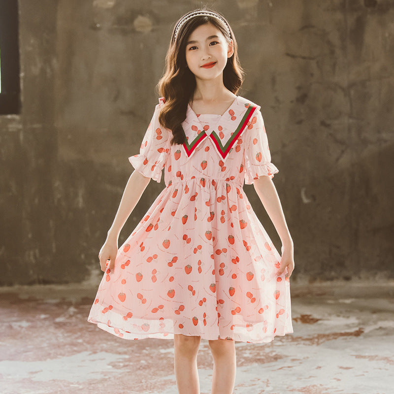 Girls Pink Conversational Print Peter Pan Collar Puff Sleeve Cotton A-Line Dress