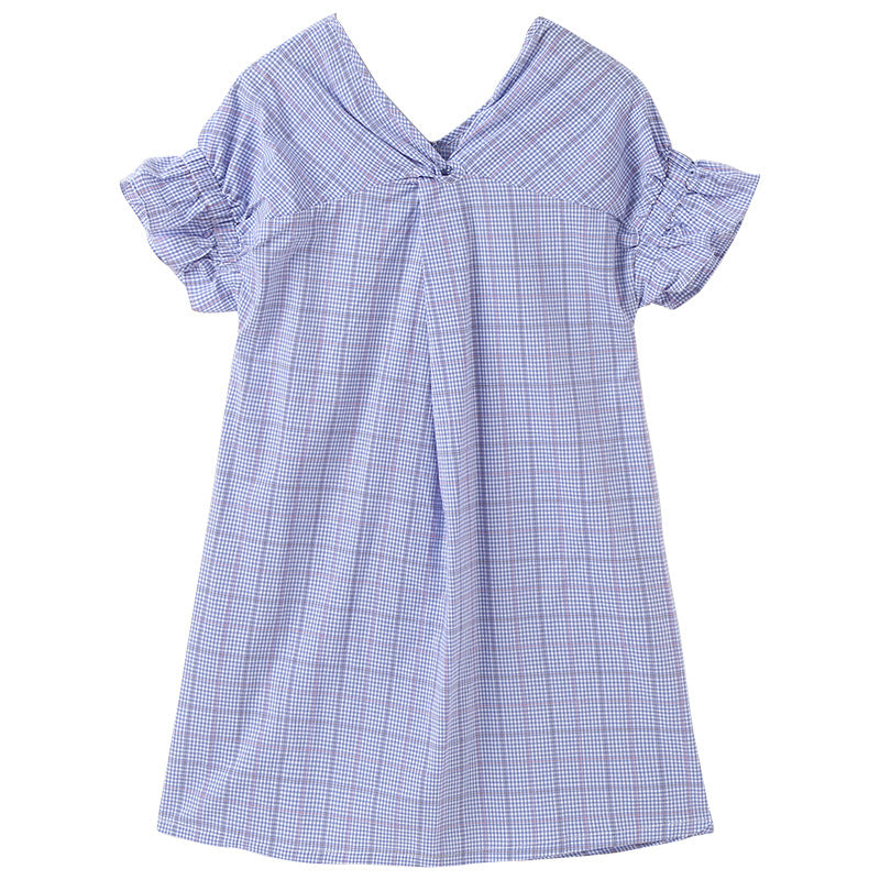Girls Checked V Neck Flared Sleeves Ruffled Straight Dress