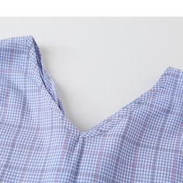 Girls Checked V Neck Flared Sleeves Ruffled Straight Dress