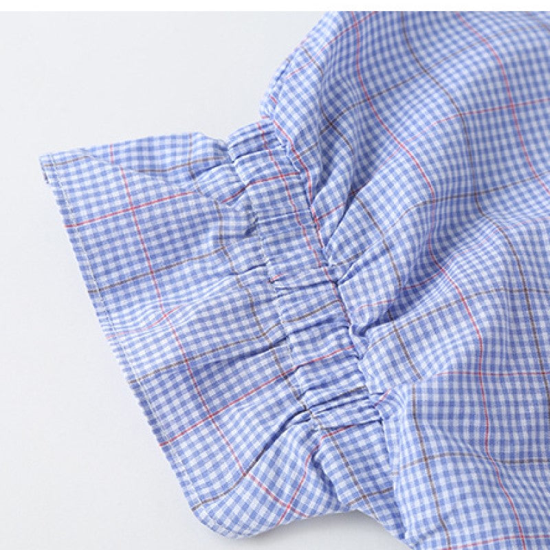 Girls Checked V Neck Flared Sleeves Ruffled Straight Dress