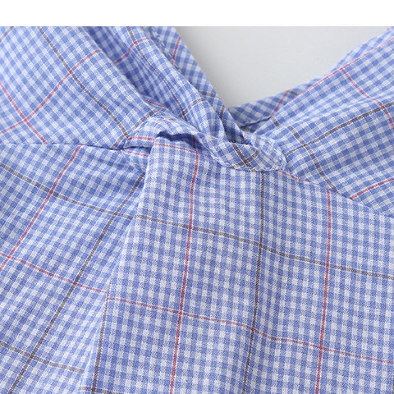 Girls Checked V Neck Flared Sleeves Ruffled Straight Dress