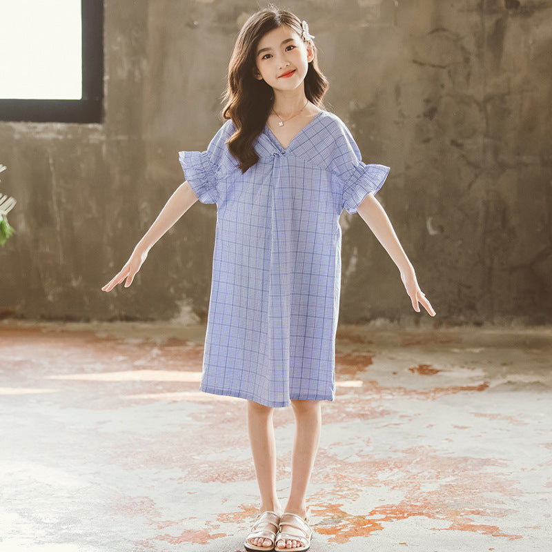 Girls Checked V Neck Flared Sleeves Ruffled Straight Dress
