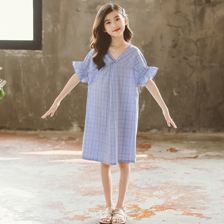 Girls Checked V Neck Flared Sleeves Ruffled Straight Dress