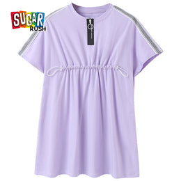 Girls Purple Cotton Extended Sleeves Knee Length T-Shirt Dress