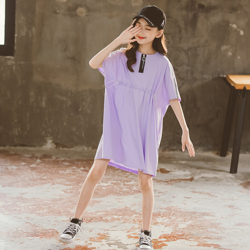 Girls Purple Cotton Extended Sleeves Knee Length T-Shirt Dress