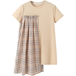 Girls Beige Checked Cotton T-shirt Dress