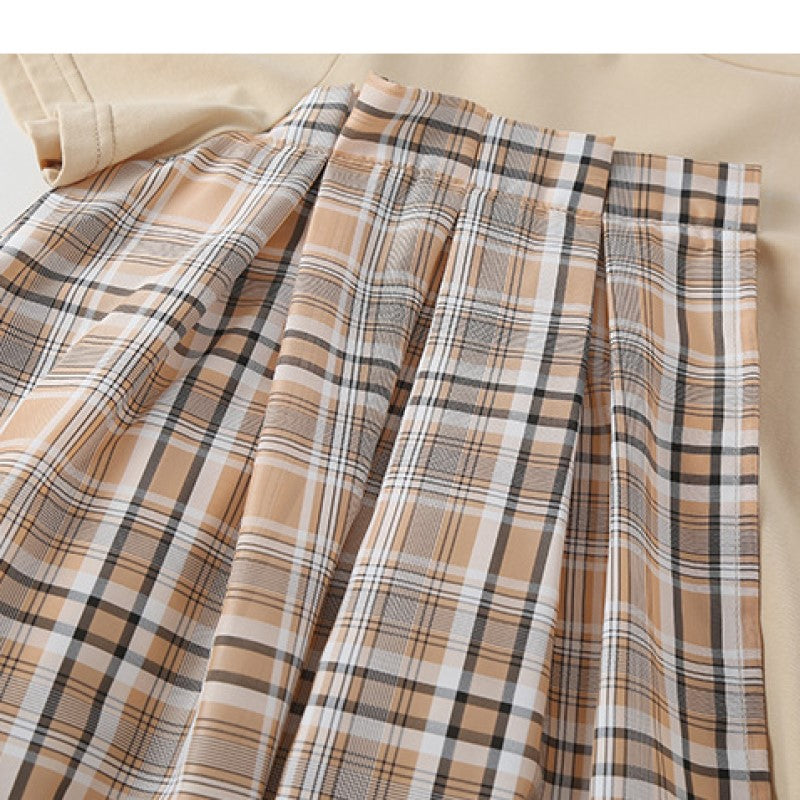 Girls Beige Checked Cotton T-shirt Dress