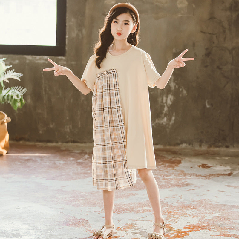 Girls Beige Checked Cotton T-shirt Dress