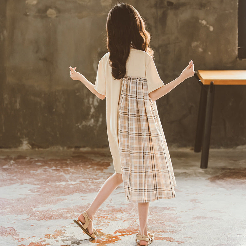 Girls Beige Checked Cotton T-shirt Dress