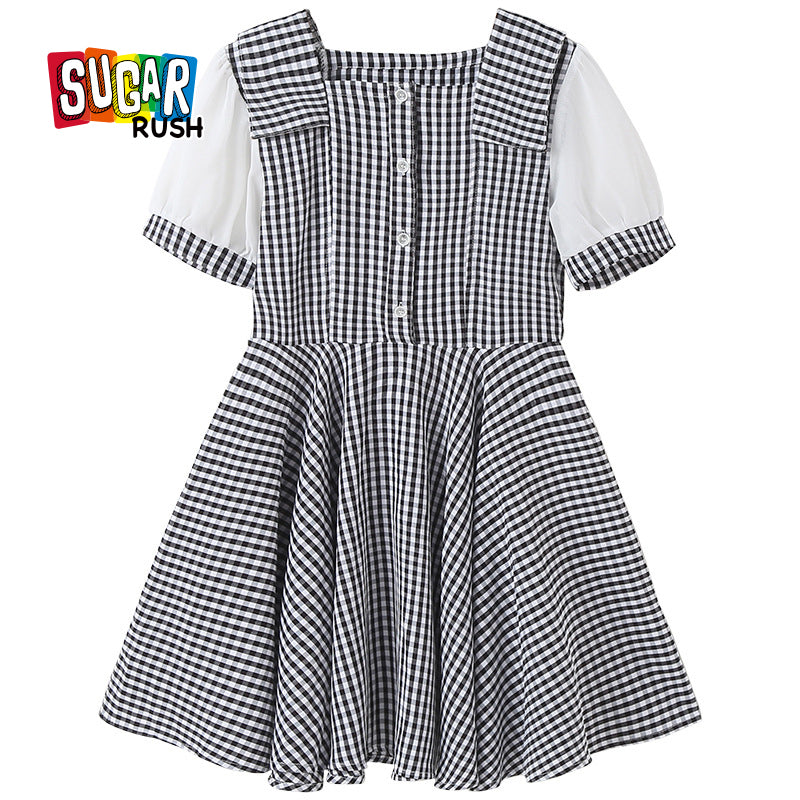 Girls Checked Square Neck Puff Sleeves Flared Hem Fit & Flare Dress