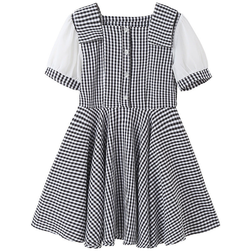 Girls Checked Square Neck Puff Sleeves Flared Hem Fit & Flare Dress