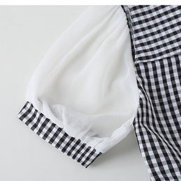 Girls Checked Square Neck Puff Sleeves Flared Hem Fit & Flare Dress