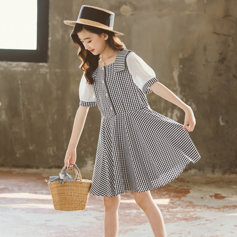 Girls Checked Square Neck Puff Sleeves Flared Hem Fit & Flare Dress