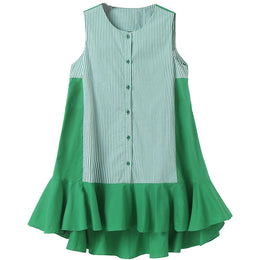 Girls Green Round Neck Striped Cotton A-Line Dress