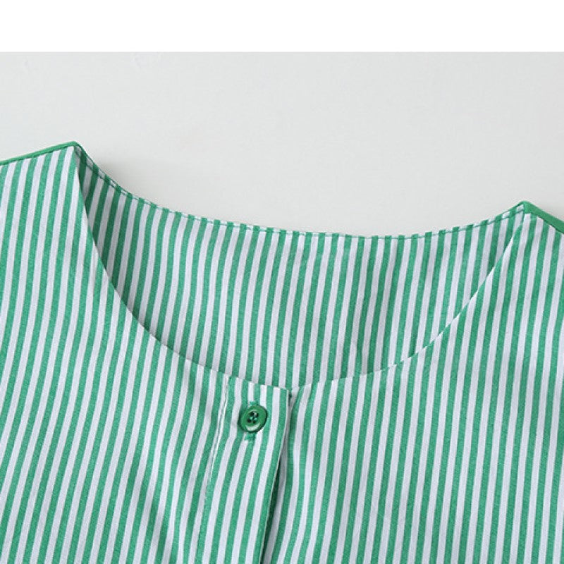 Girls Green Round Neck Striped Cotton A-Line Dress