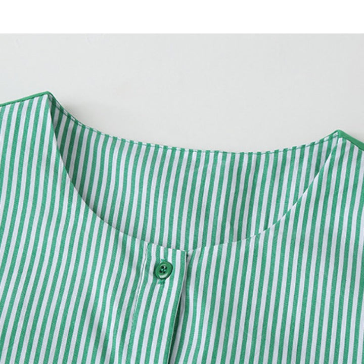 Girls Green Round Neck Striped Cotton A-Line Dress