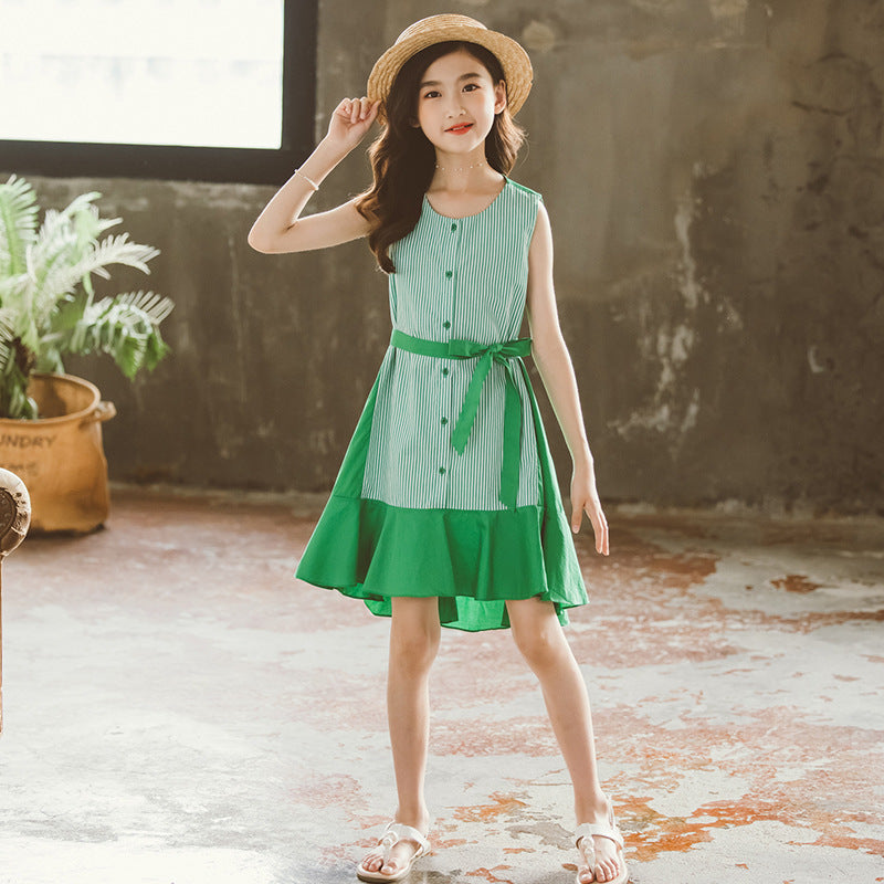 Girls Green Round Neck Striped Cotton A-Line Dress