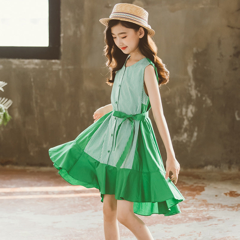 Girls Green Round Neck Striped Cotton A-Line Dress