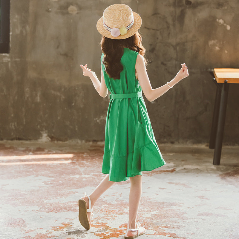 Girls Green Round Neck Striped Cotton A-Line Dress