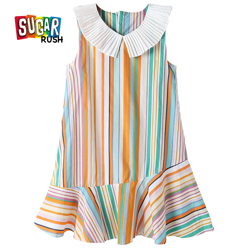 Girls White & Orange Striped Drop Waist Cotton Midi Dress