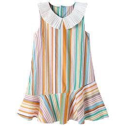 Girls White & Orange Striped Drop Waist Cotton Midi Dress