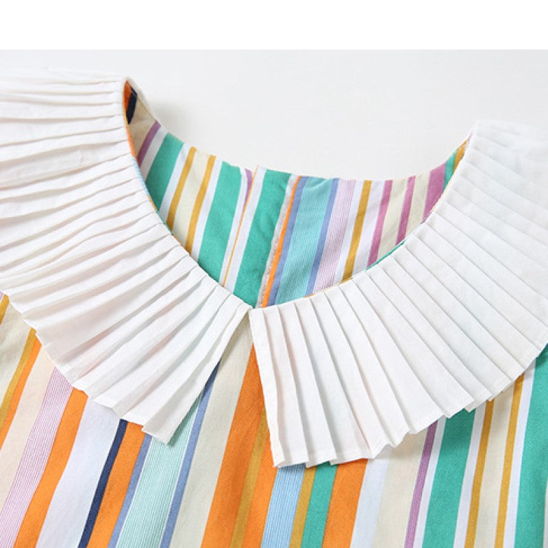 Girls White & Orange Striped Drop Waist Cotton Midi Dress