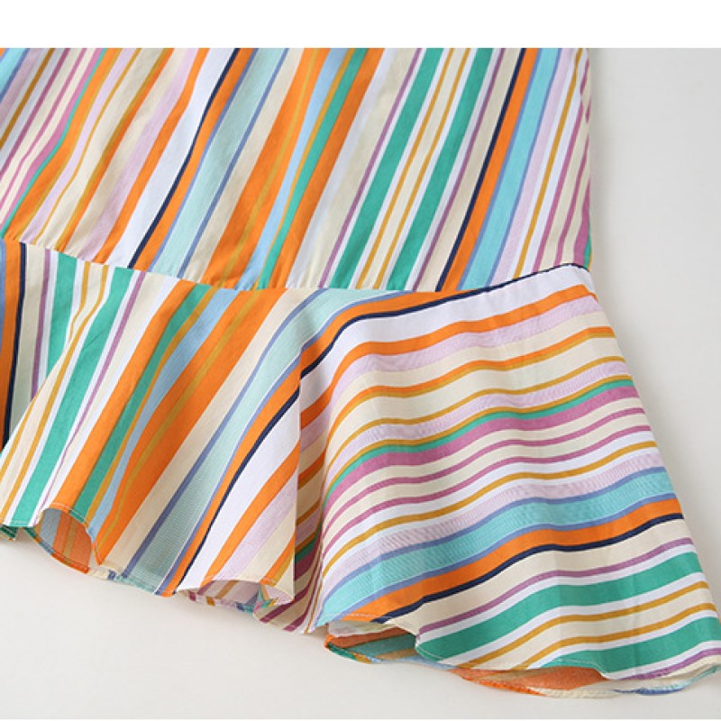 Girls White & Orange Striped Drop Waist Cotton Midi Dress