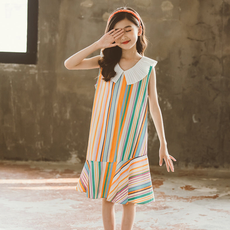 Girls White & Orange Striped Drop Waist Cotton Midi Dress