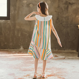 Girls White & Orange Striped Drop Waist Cotton Midi Dress