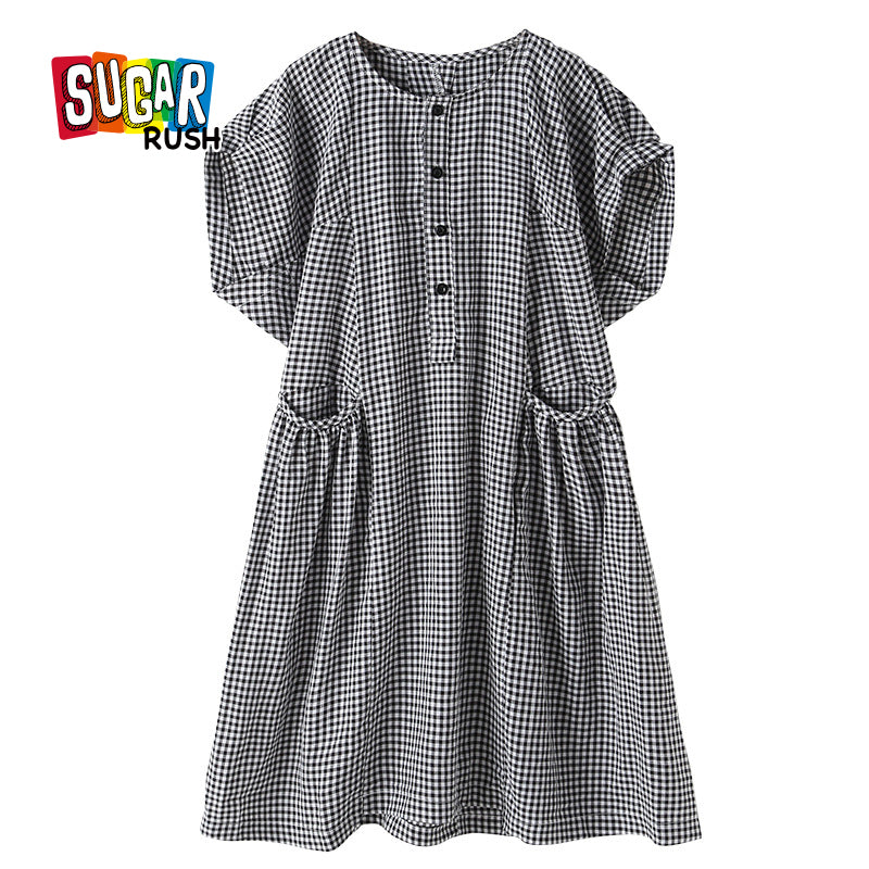 Girls Black Checked Extended Sleeves Cotton A-Line Dress
