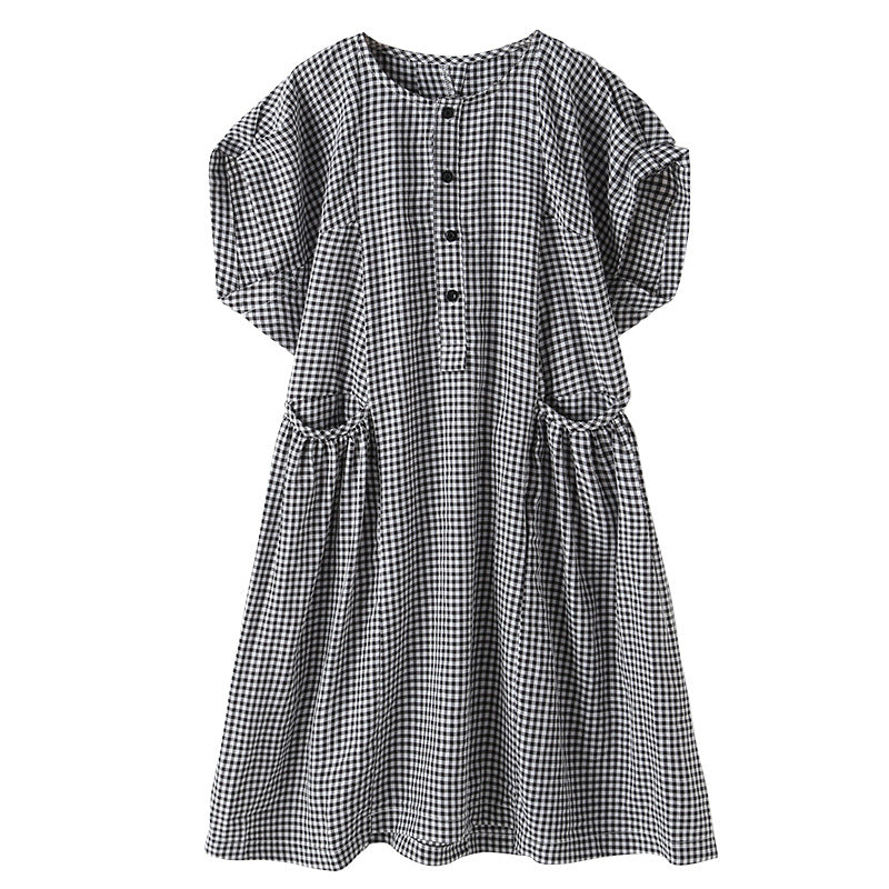 Girls Black Checked Extended Sleeves Cotton A-Line Dress