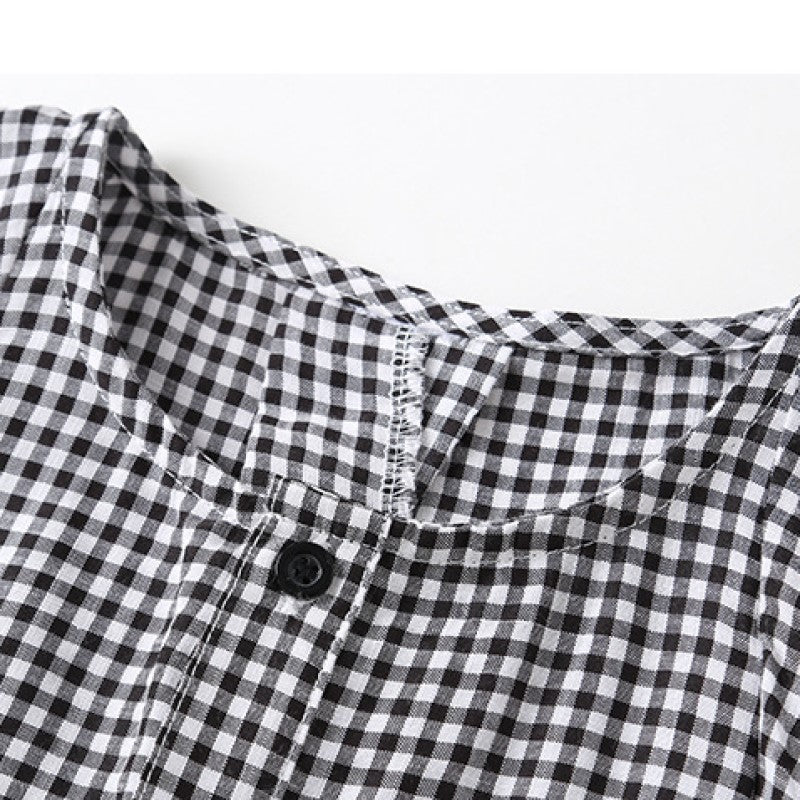 Girls Black Checked Extended Sleeves Cotton A-Line Dress