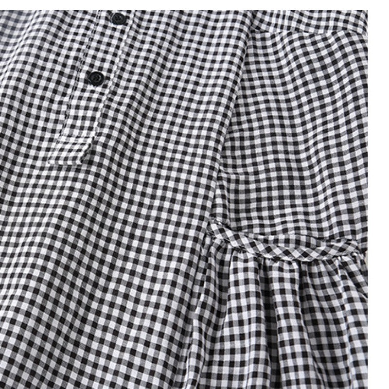 Girls Black Checked Extended Sleeves Cotton A-Line Dress