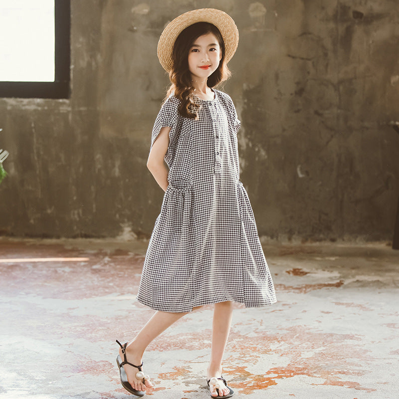 Girls Black Checked Extended Sleeves Cotton A-Line Dress