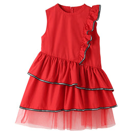 Girls Red Layered Ruffled Cotton Fit & Flare Midi Dress