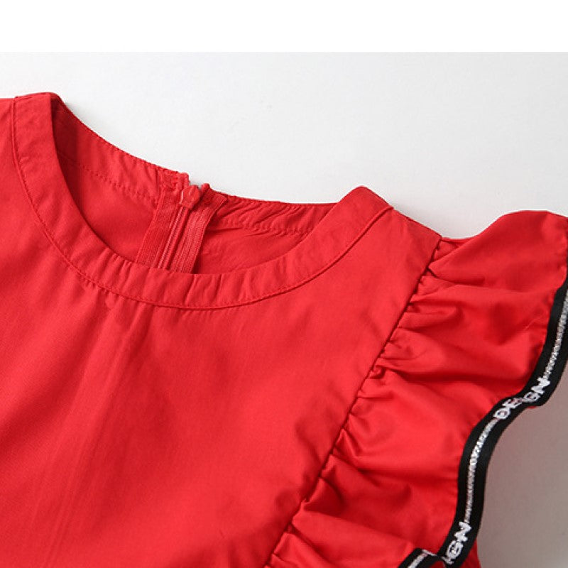 Girls Red Layered Ruffled Cotton Fit & Flare Midi Dress