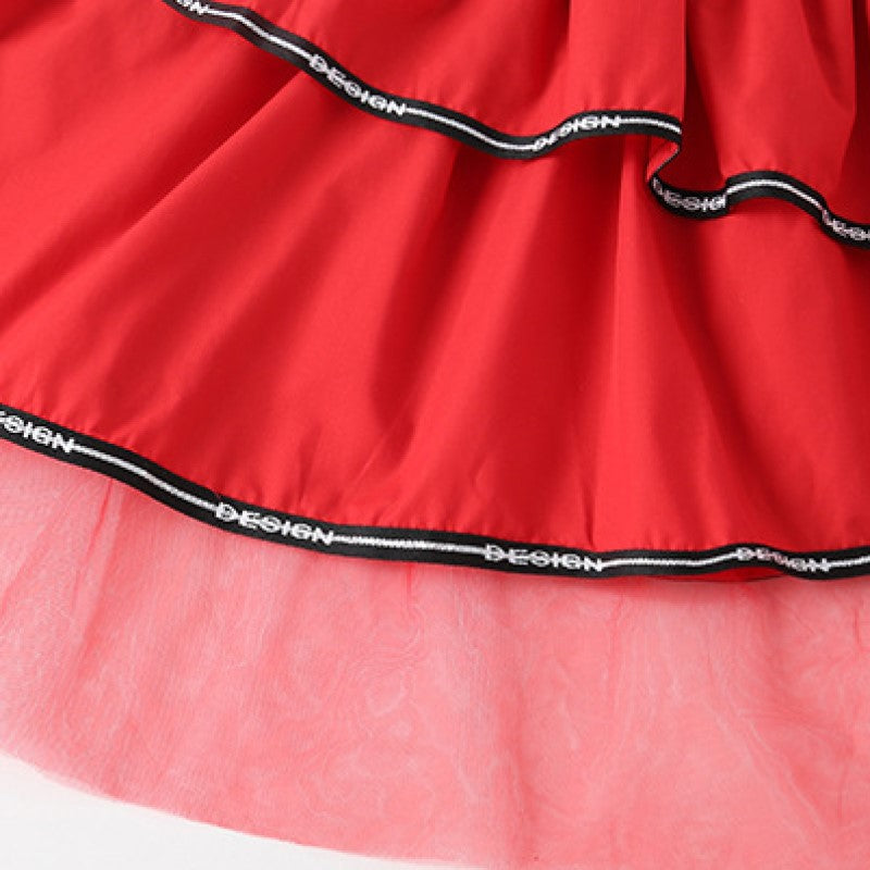 Girls Red Layered Ruffled Cotton Fit & Flare Midi Dress