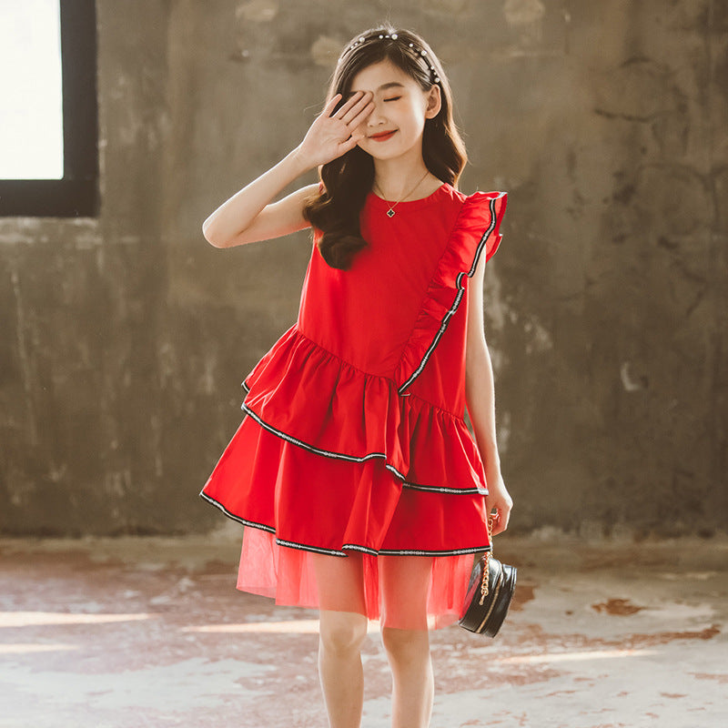 Girls Red Layered Ruffled Cotton Fit & Flare Midi Dress