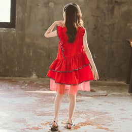 Girls Red Layered Ruffled Cotton Fit & Flare Midi Dress