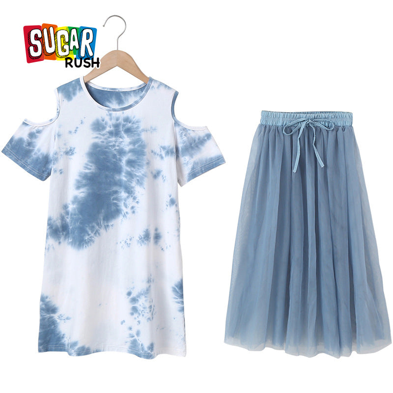 Girls Blue Dyed Round Neck Pure Cotton Top With Skirt