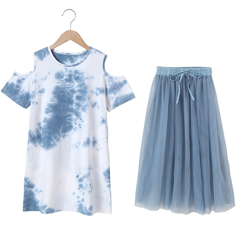 Girls Blue Dyed Round Neck Pure Cotton Top With Skirt