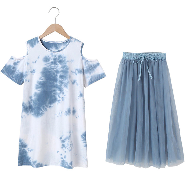 Girls Blue Dyed Round Neck Pure Cotton Top With Skirt