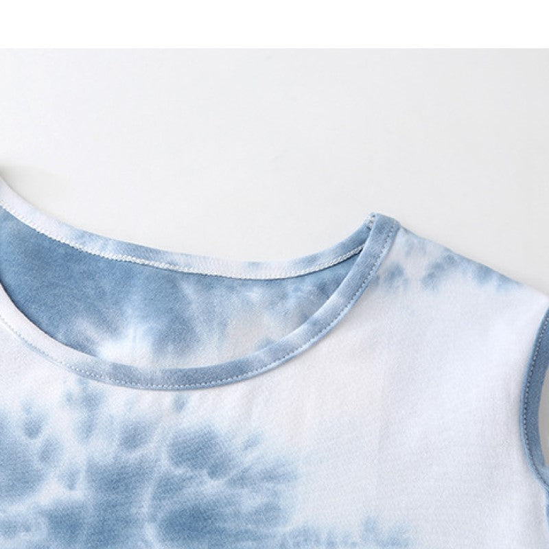 Girls Blue Dyed Round Neck Pure Cotton Top With Skirt