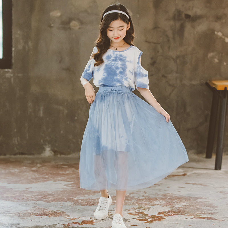Girls Blue Dyed Round Neck Pure Cotton Top With Skirt