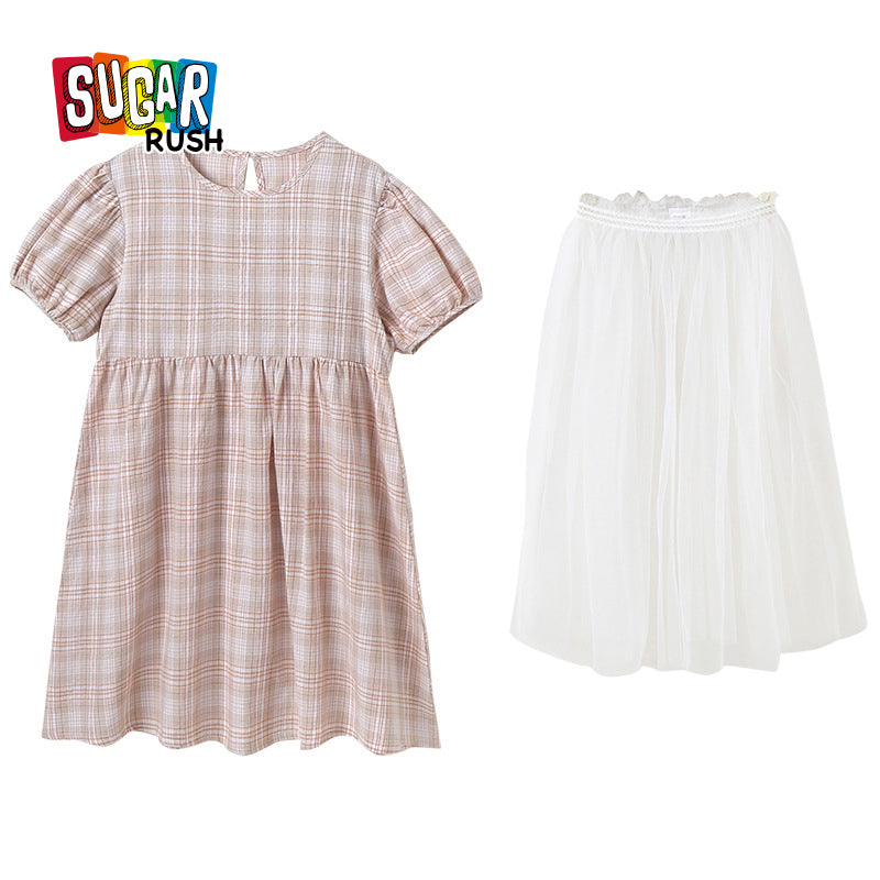 Girls Brown & White Checked Pure Cotton Top With Skirt