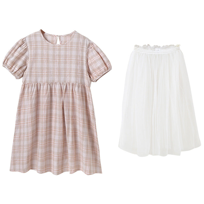 Girls Brown & White Checked Pure Cotton Top With Skirt
