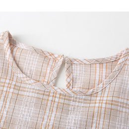 Girls Brown & White Checked Pure Cotton Top With Skirt